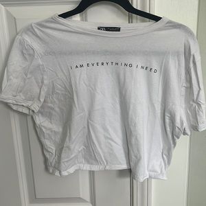 Zara White Cropped Graphic Tee ‘I am everything I need’ Size L